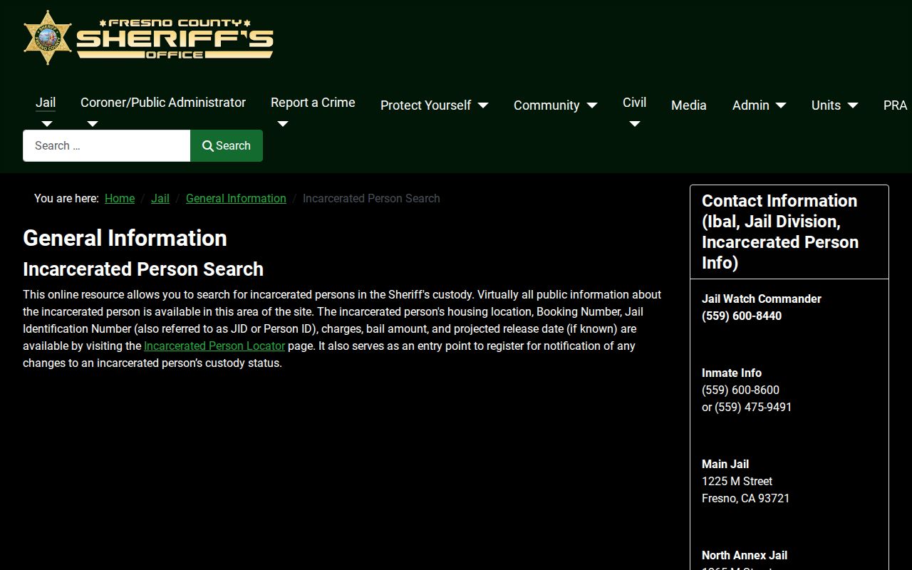Fresno County Sheriff incarcerated person search information page