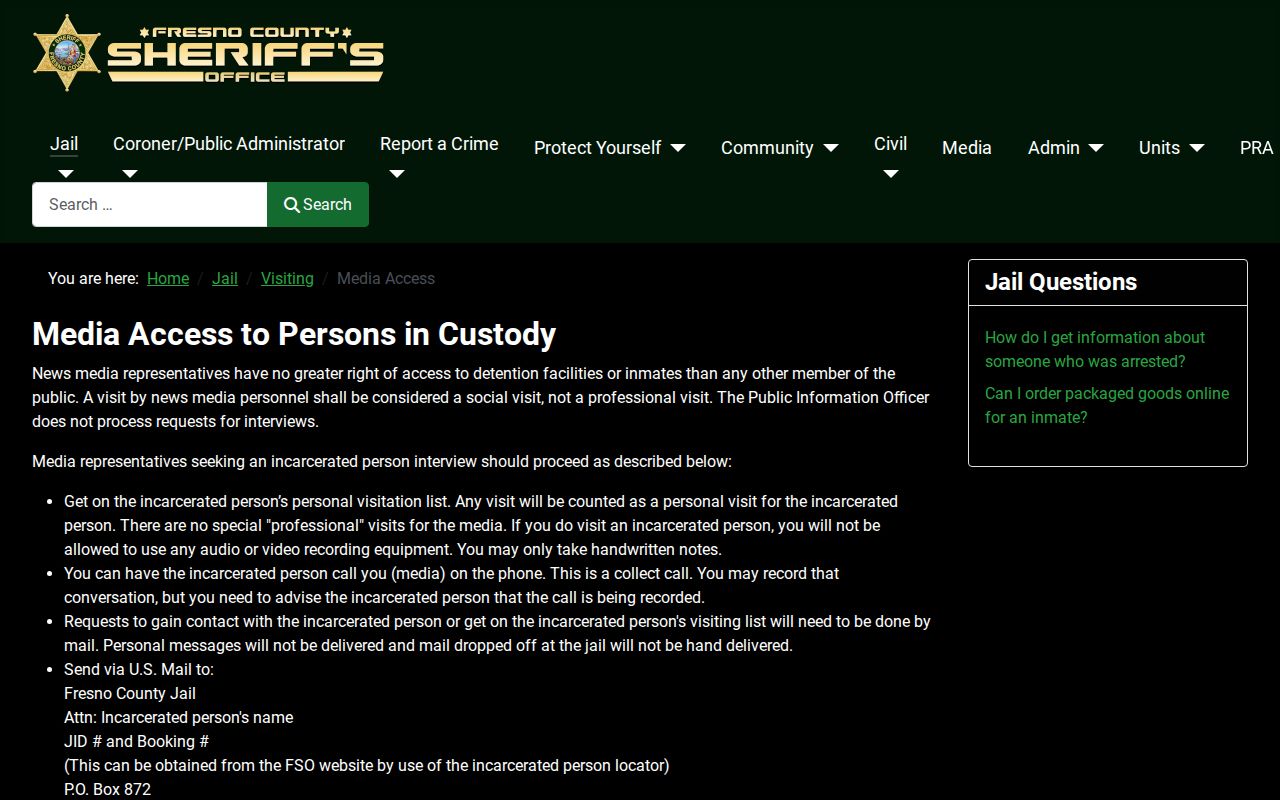Fresno County Sheriff media access and booking photo release policy