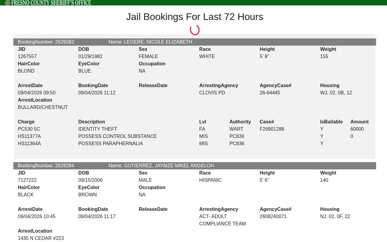 Fresno County Sheriff official 72-hour jail booking blotter interface