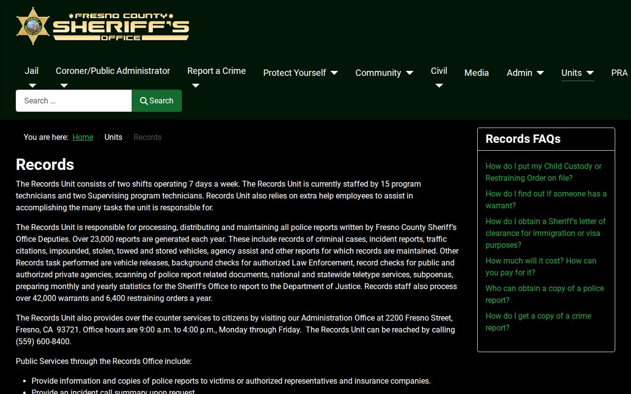 Fresno County Sheriff Records Unit page