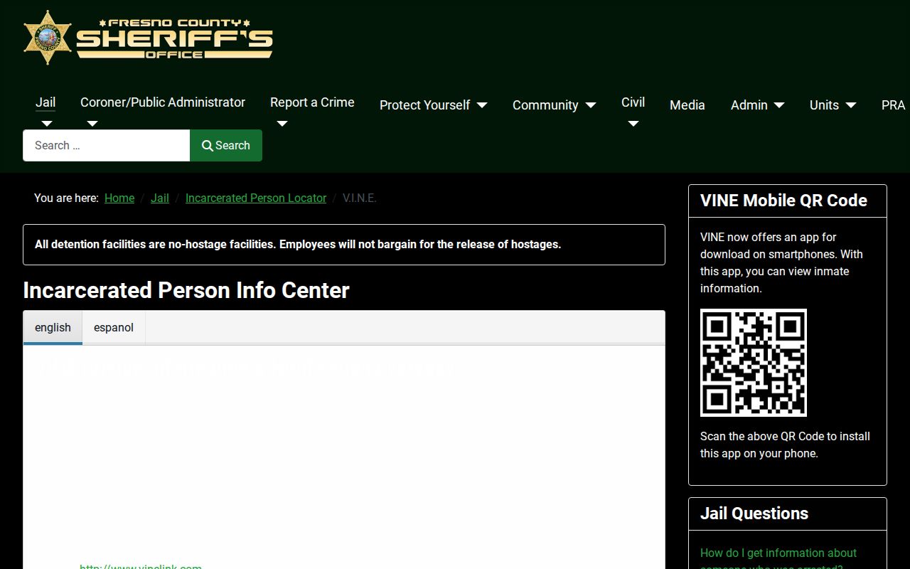 Fresno County Sheriff VINE inmate information center