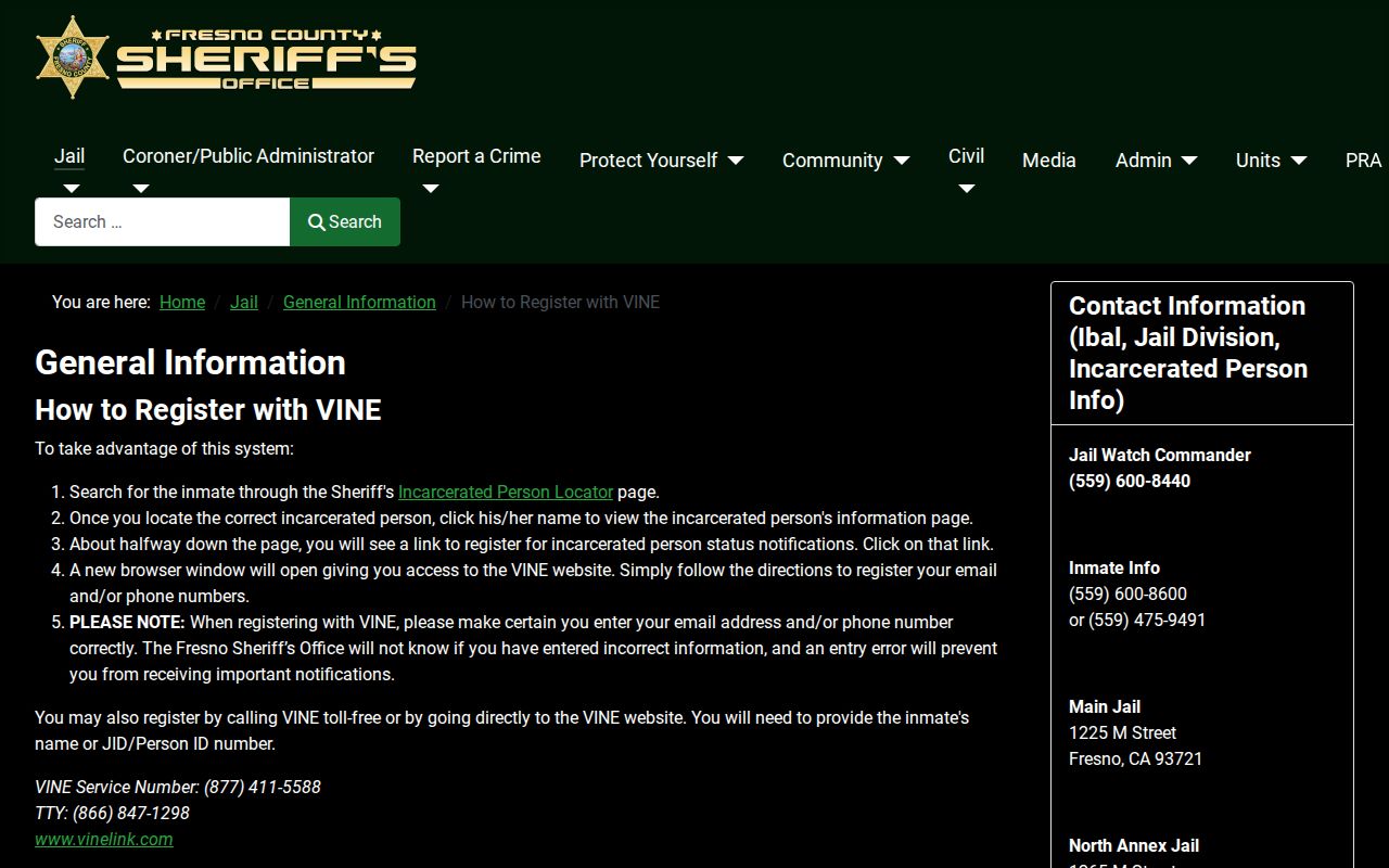 Fresno County Sheriff instructions for registering with VINE
